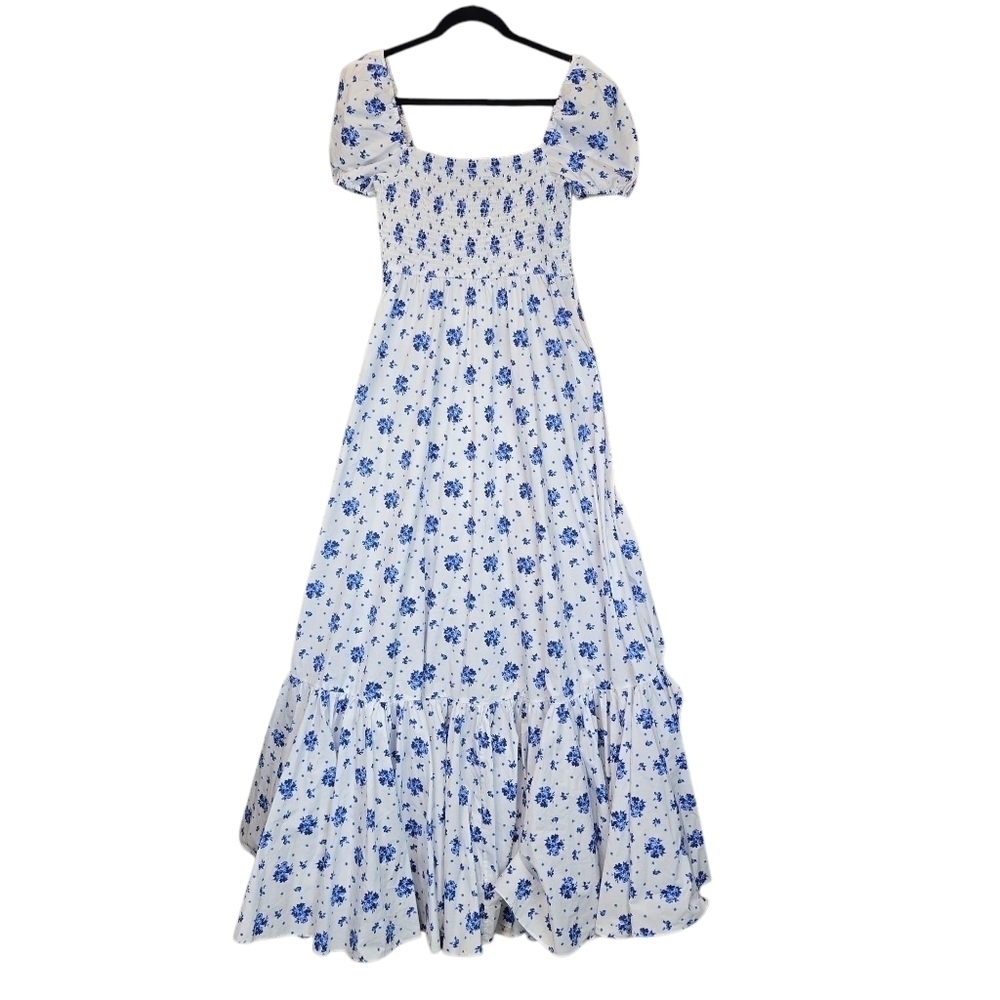 Caroline Constas Gianna Smocked Puff Sleeve Maxi Dress Blue Spot Floral Size XL - Picture 7 of 14